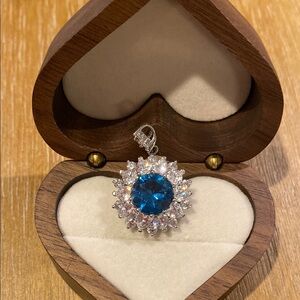 Sparkling Blue Halo Pendant Round Cut Stone Silver Tone Statement Necklace Charm